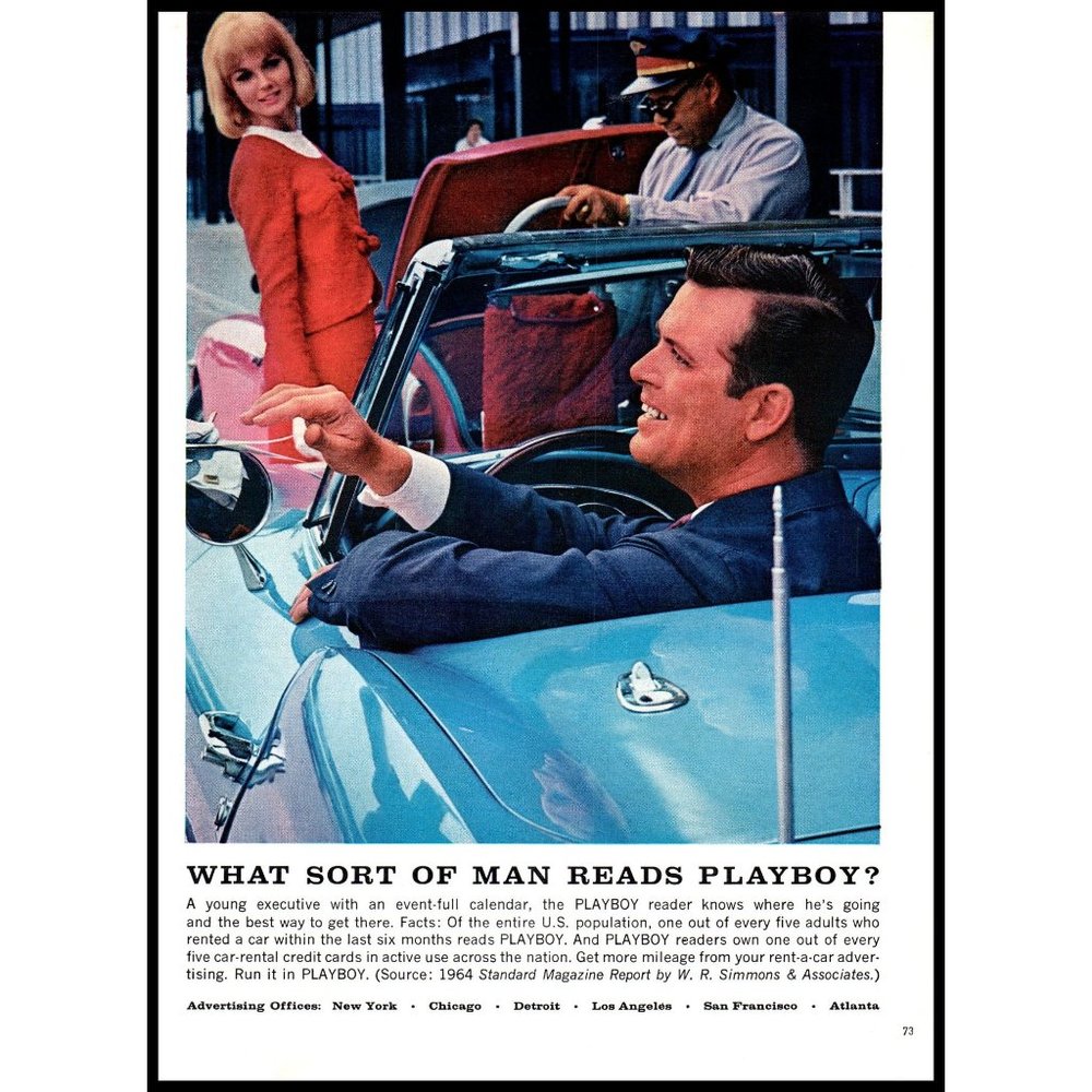 1965 What Sort of Man Reads Playboy Vintage Print At Blonde Airport Convertible